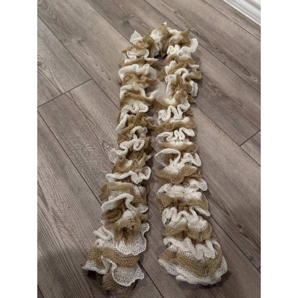 Vintage Y2K Ruffle Knit Scarf Tan Cream Striped Lightweight Accordion Mesh Scarf